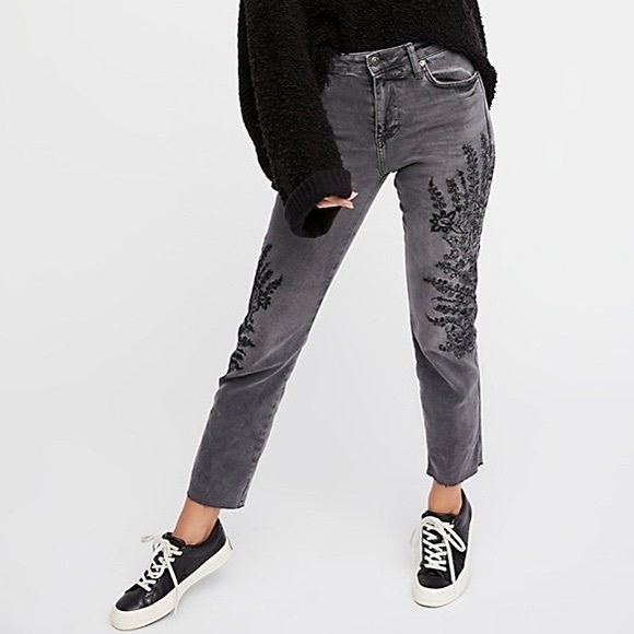 Free People Denim - Free People Embroidered Girlfriend Jeans